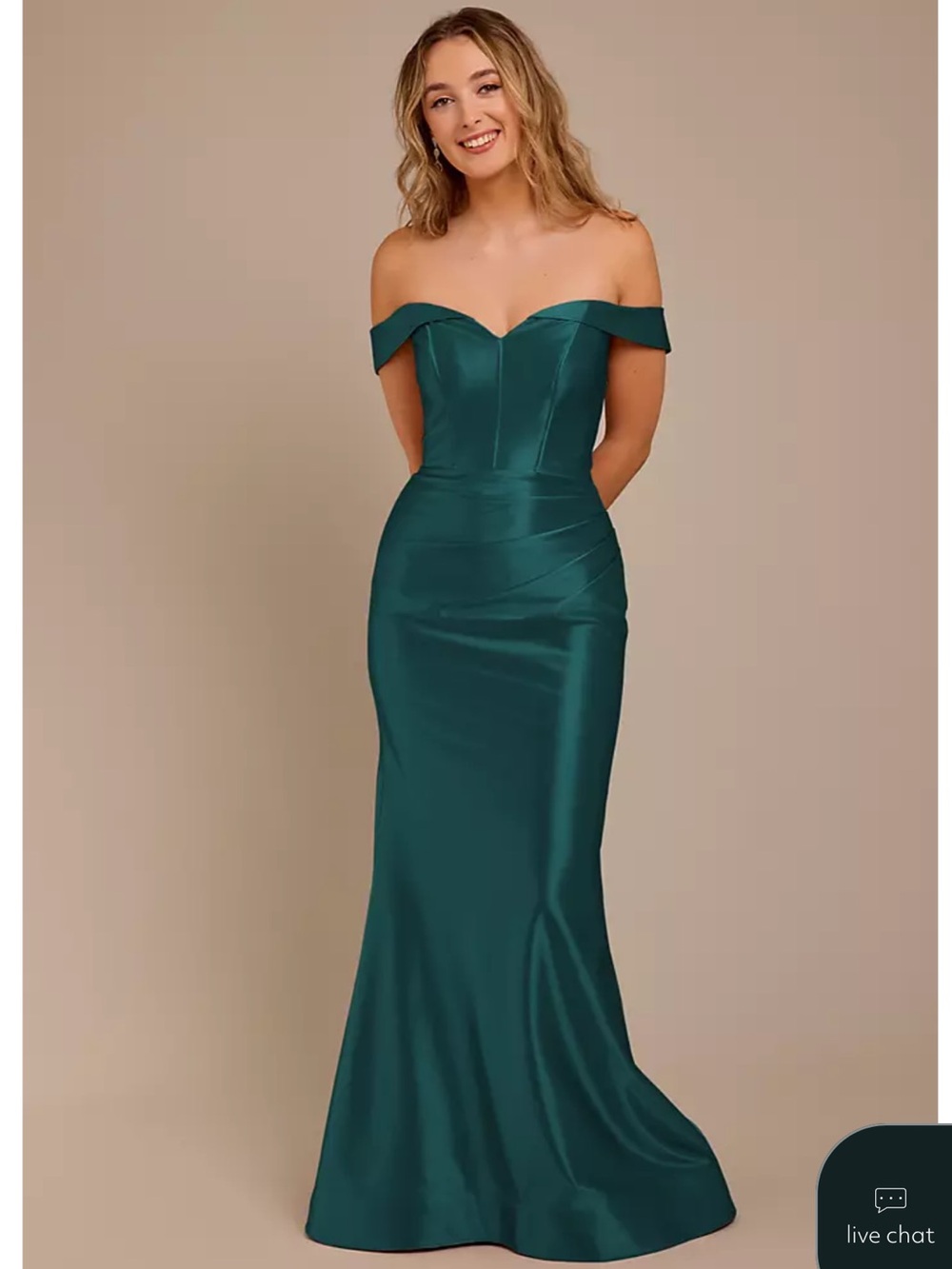 David's Bridal Emerald Off-Shoulder Satin Evening Gown